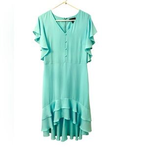 The Limited Hi Lo Aqua Blue Ruffle Flutter Sleeve Tiered V-neck Dress Sz Med